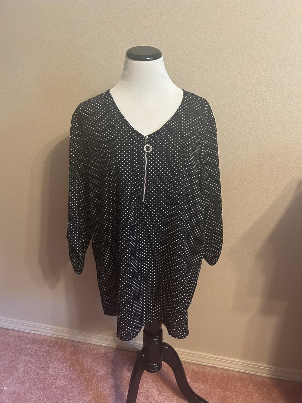 Women’s Black Polka Dot V-Neck Blouse with Zip Detail